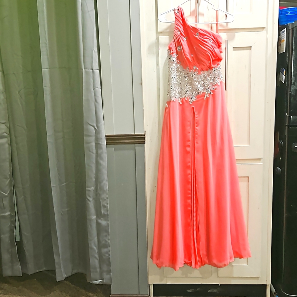 Peach long gown with gem stones
